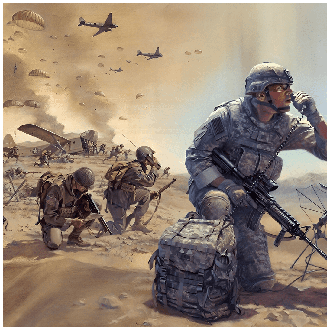 Soldiers and paratroopers in battlefield scene.