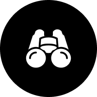 White binoculars icon on black background.