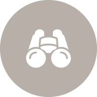 White binoculars icon on gray circle.